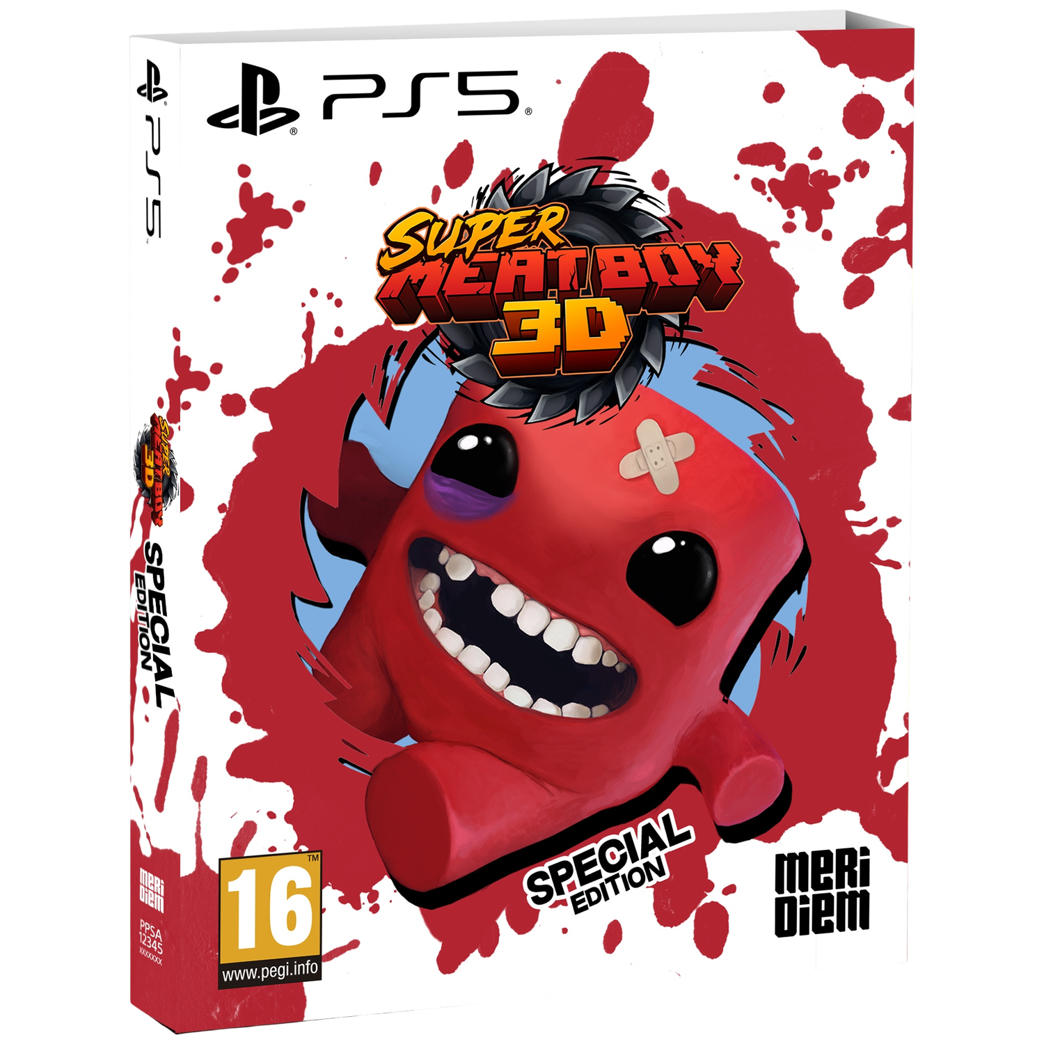 Boîte de jeu PS5 : Personnage rouge avec pansements, éclaboussures de sang, titre 'Super Meat Boy 3D'.