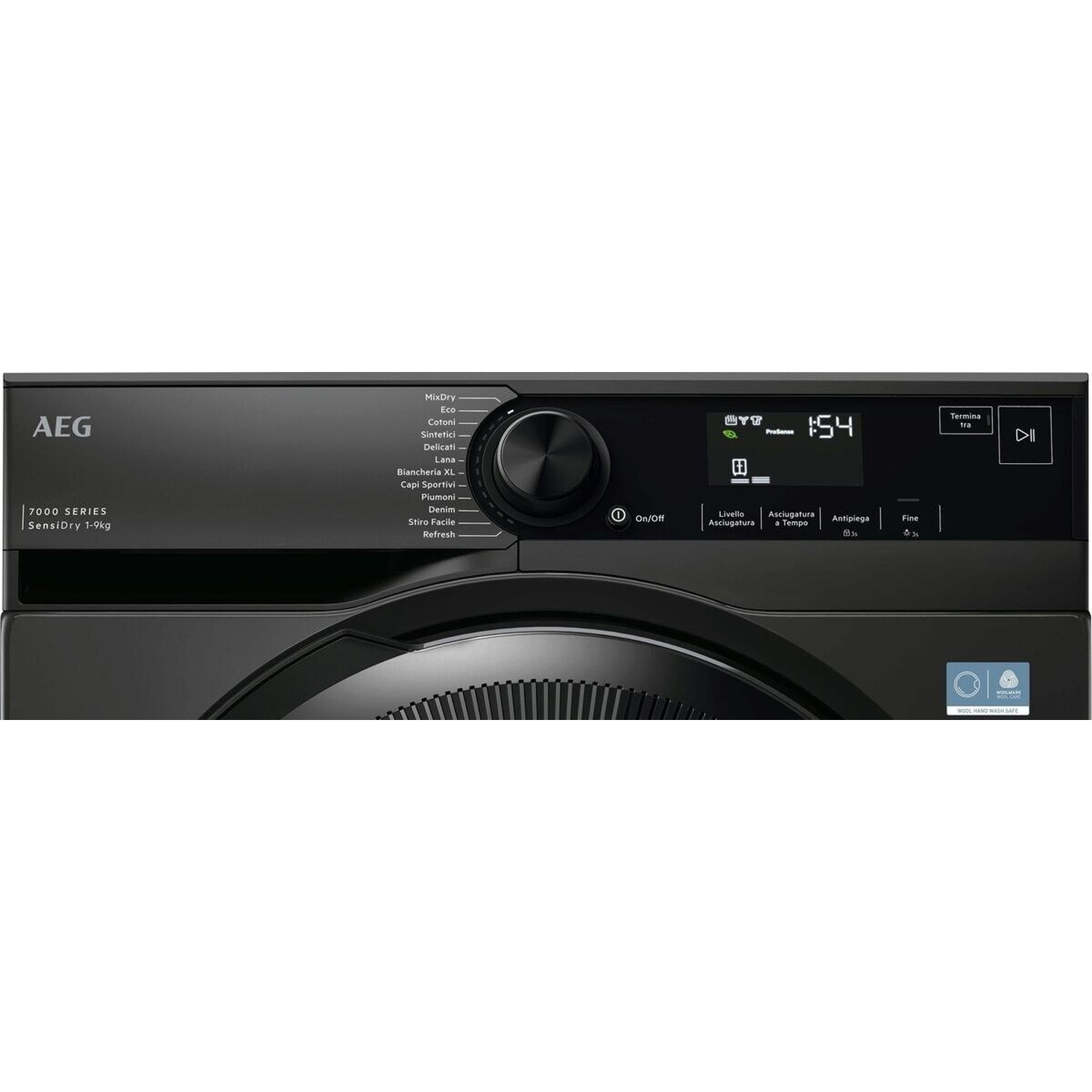 Asciugatrice AEG nera con display digitale, selettore programmi e varie icone.