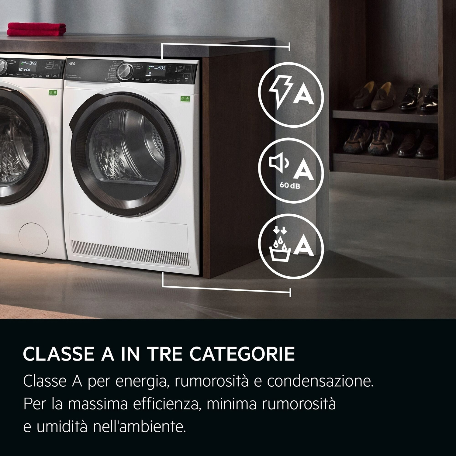 Due lavatrici e asciugatrici AEG bianche con simboli per energia, rumore e condensa.