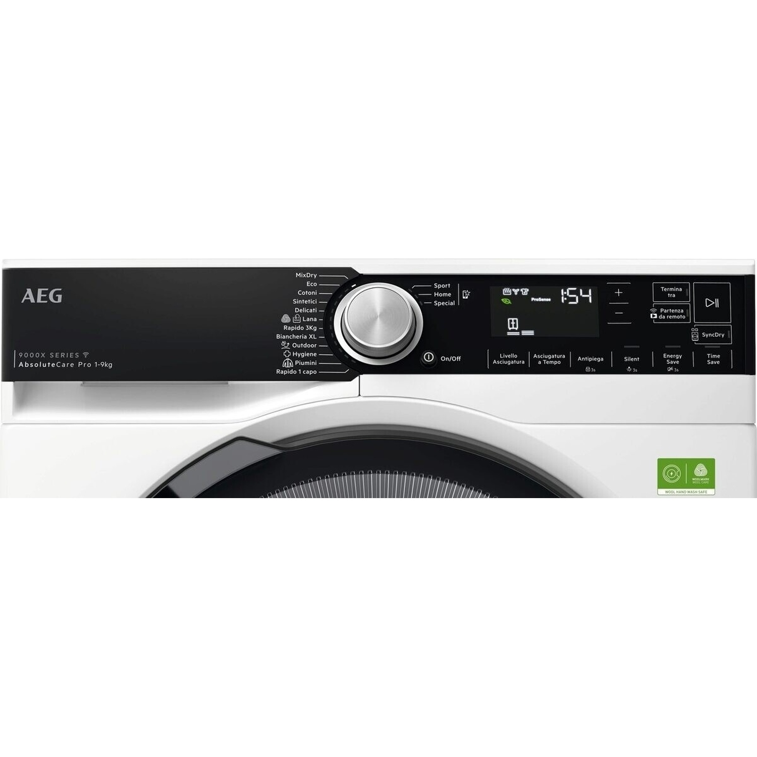 Lavatrice AEG con display digitale e selezione programmi. Logo AEG in alto a sinistra.