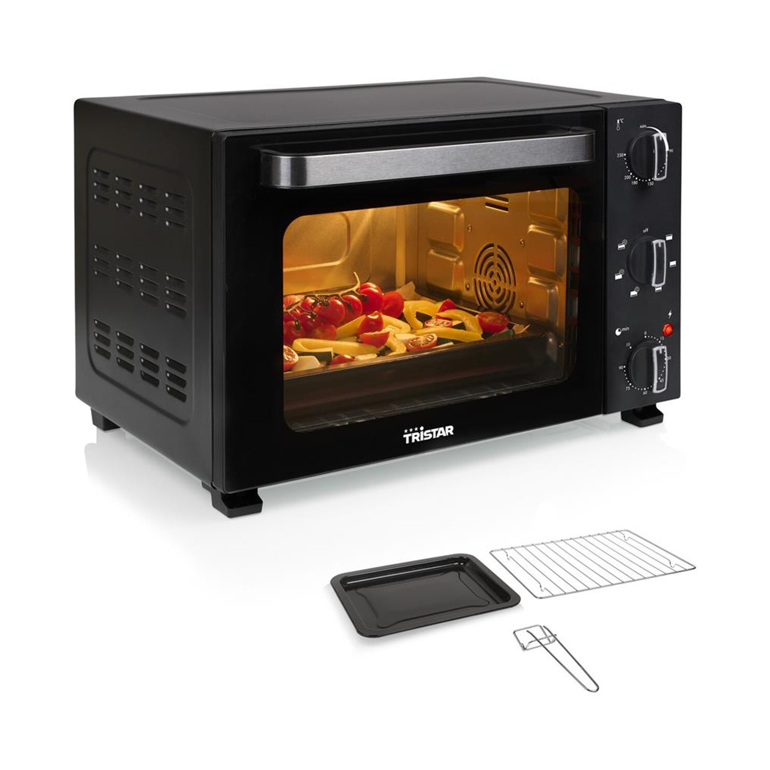 Forno elettrico nero con verdure, teglia, griglia e maniglia. Interno illuminato.