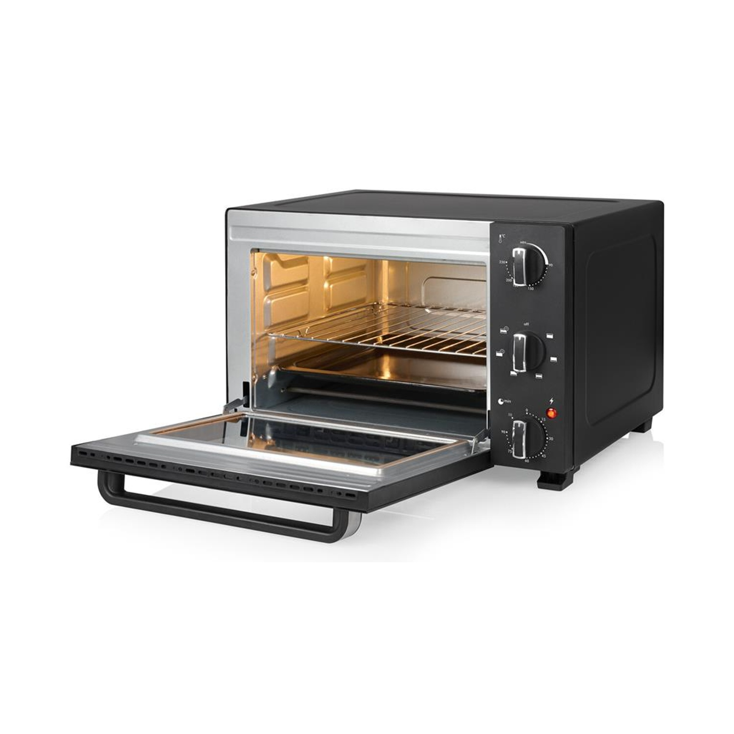 Un forno da banco nero con porta aperta, interno illuminato.