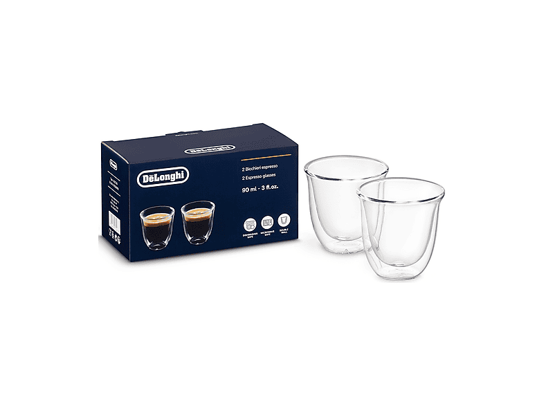 Set Bicchieri Espresso DE'LONGHI DLSC310, 2 pezzi, di Vetro Borosilicato, Doppia Parete, Ritenzione del calore, Capacità 90 ml