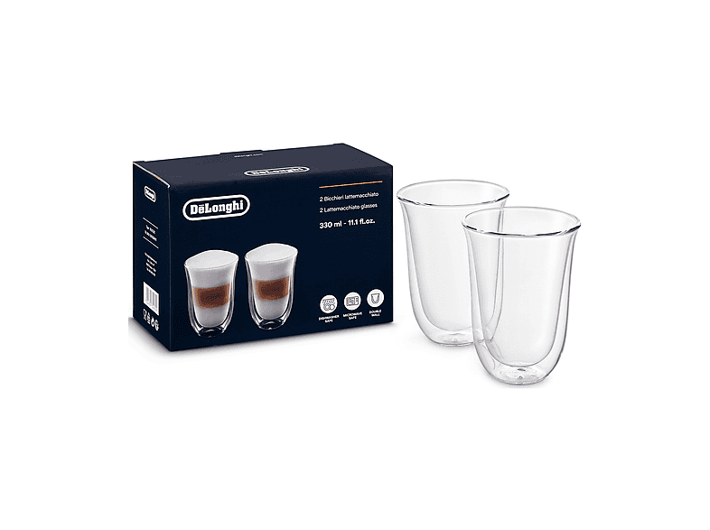 Set Bicchieri Cappuccino DE'LONGHI DLSC312, 2 pezzi, di Vetro Borosilicato, Doppia Parete, Ritenzione del calore, Capacità 330 ml
