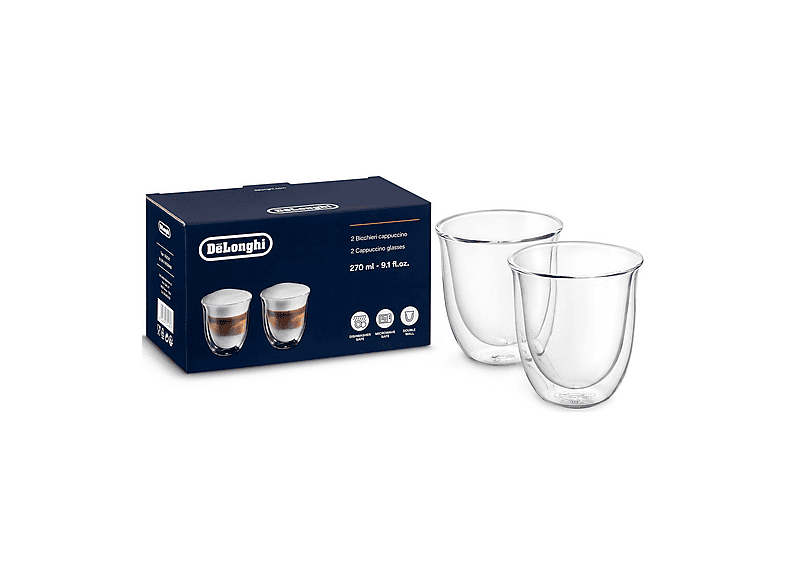 Set Bicchieri Cappuccino DE'LONGHI DLSC311, 2 pezzi, di Vetro Borosilicato, Doppia Parete, Ritenzione del calore, Capacità 270 ml