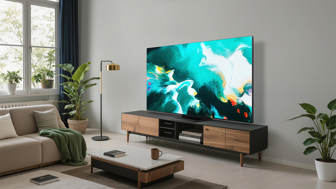 Nappali kanapéval, dohányzóasztallal, TV-állvánnyal, növényekkel és függönyös ablakkal.