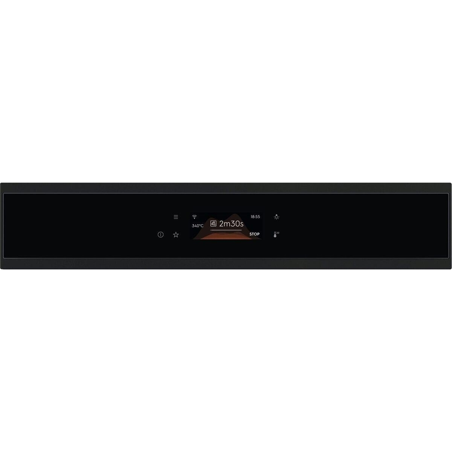Display digitale di un forno con timer 2m30s, temperatura 340°C e icone.