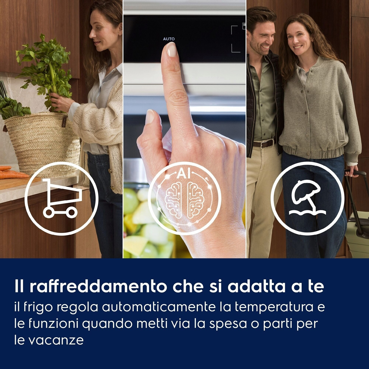 Donna con verdure, mano preme AUTO, coppia vicino al frigo, simbolo AI.