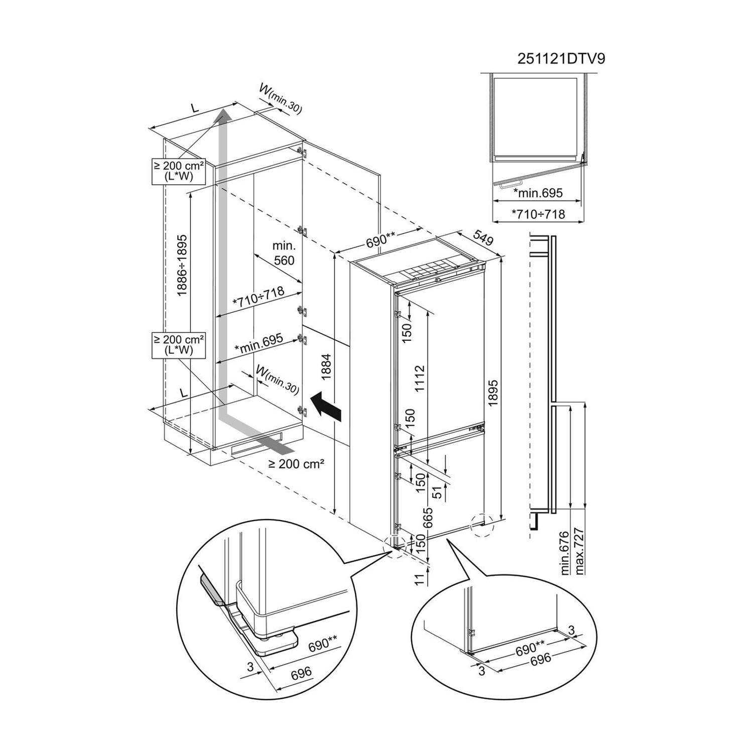Disegno tecnico di un frigorifero da incasso con dimensioni e specifiche di installazione.