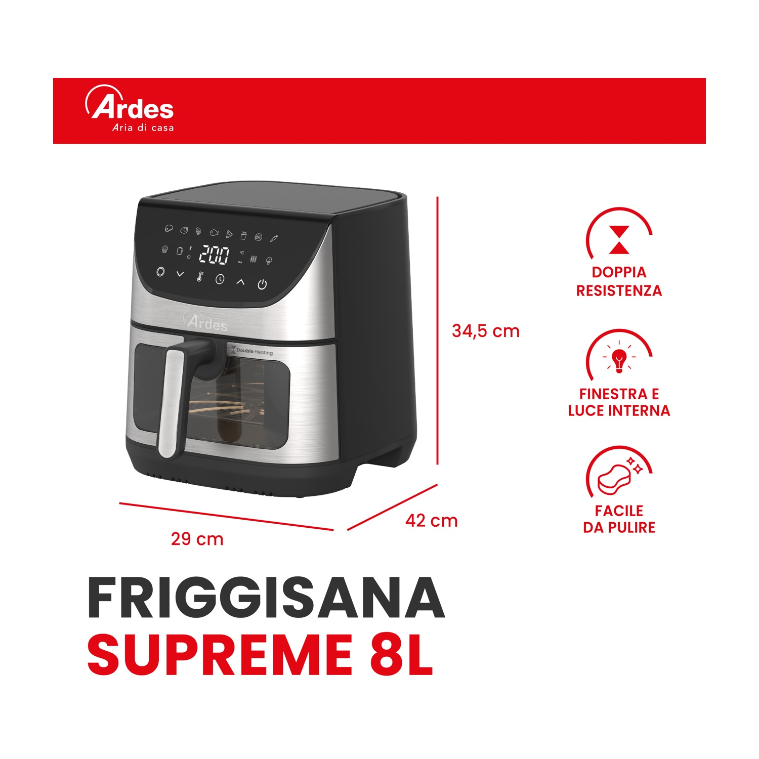 Friggitrice ad aria Ardes Friggisana Supreme 8L con display digitale e finestra.