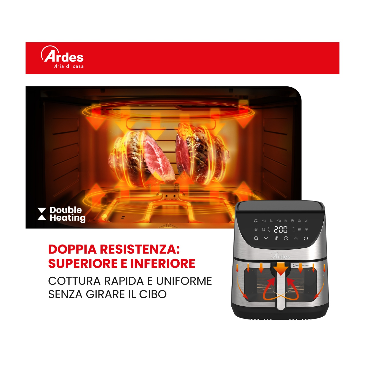 Friggitrice ad aria Ardes con doppia resistenza, cuoce carne. Elementi riscaldanti superiori/inferiori.