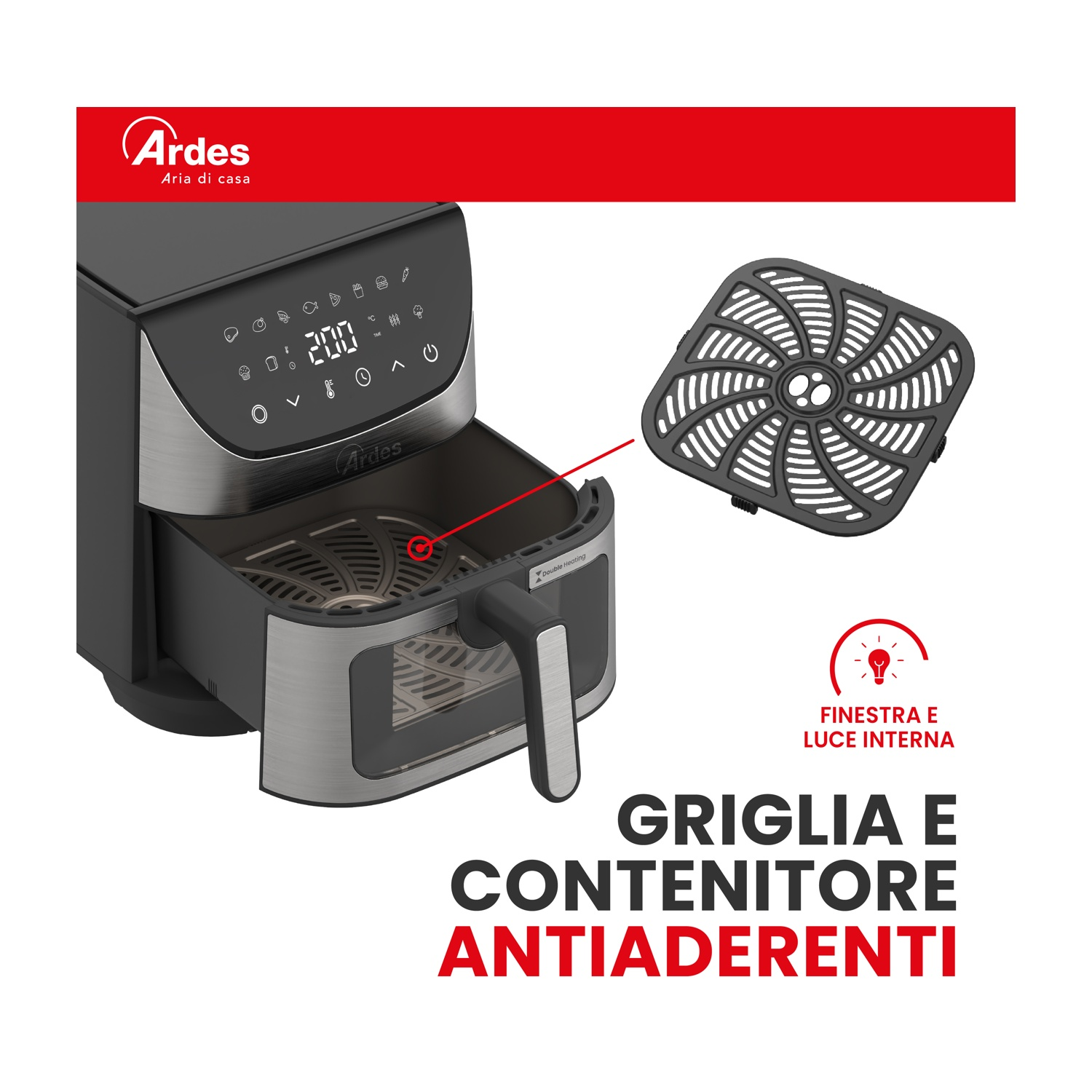 Una friggitrice ad aria nera con cestello rimovibile e display digitale.
