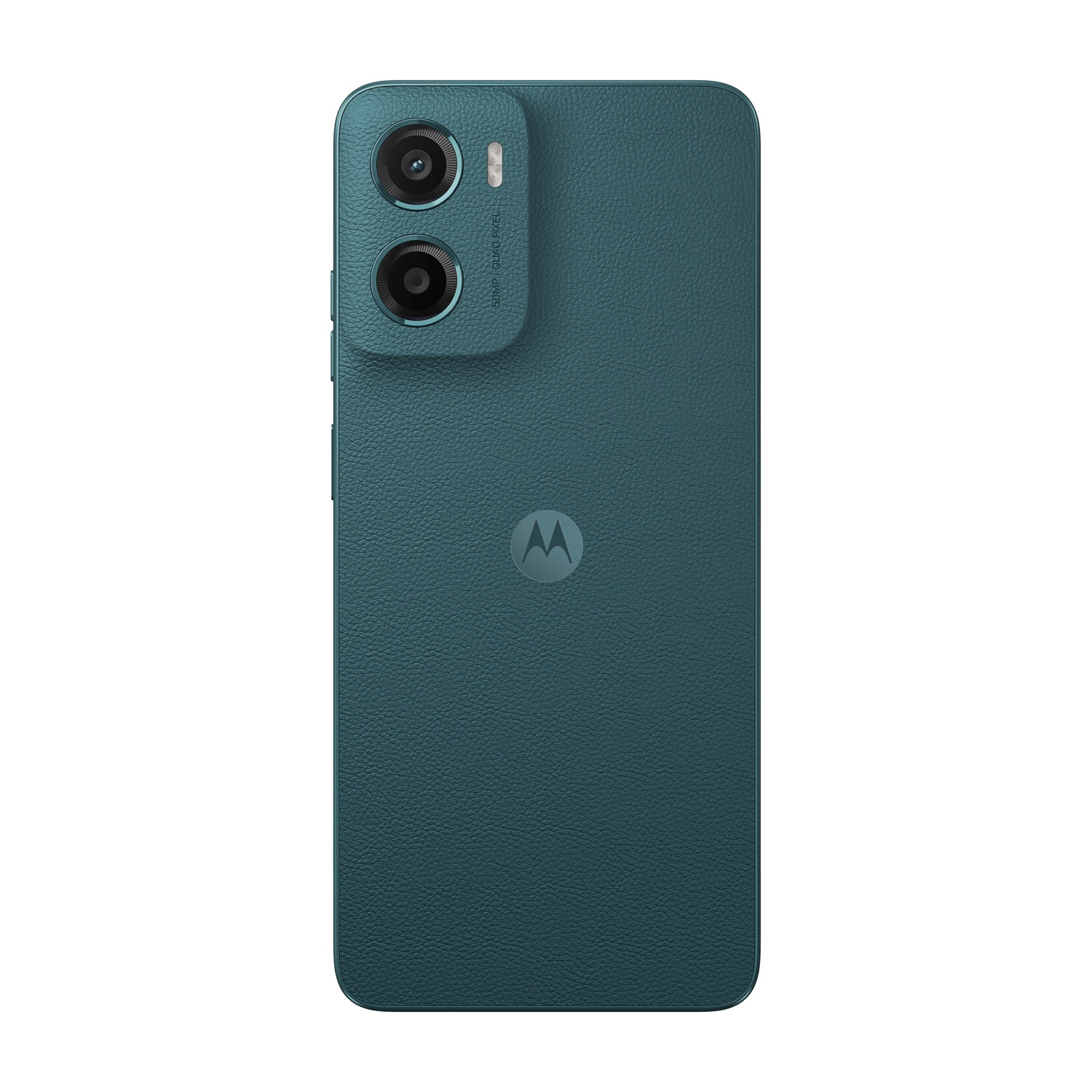 Retro di uno smartphone Motorola verde acqua scuro con doppia fotocamera e logo Motorola.
