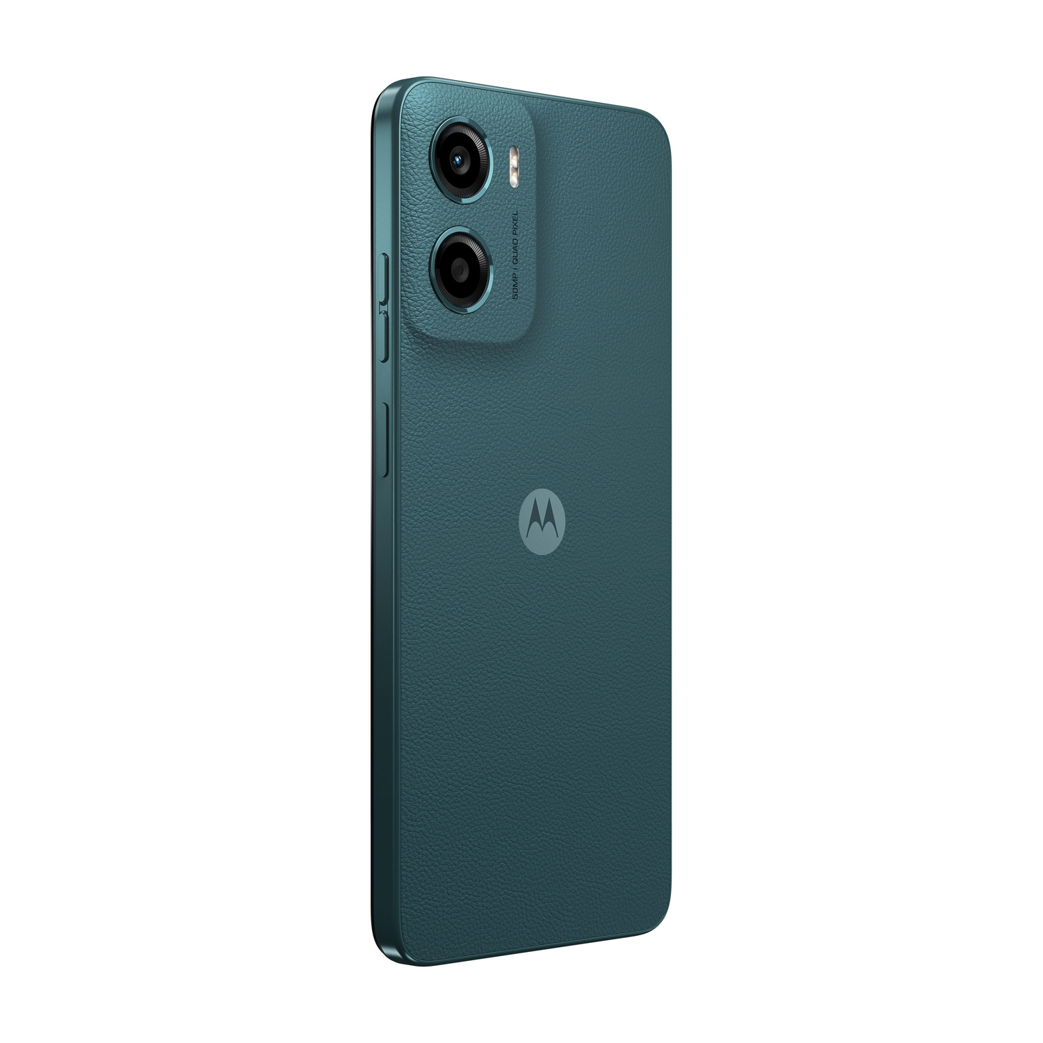 Vista posteriore di un telefono Motorola verde acqua con doppia fotocamera e logo Motorola.