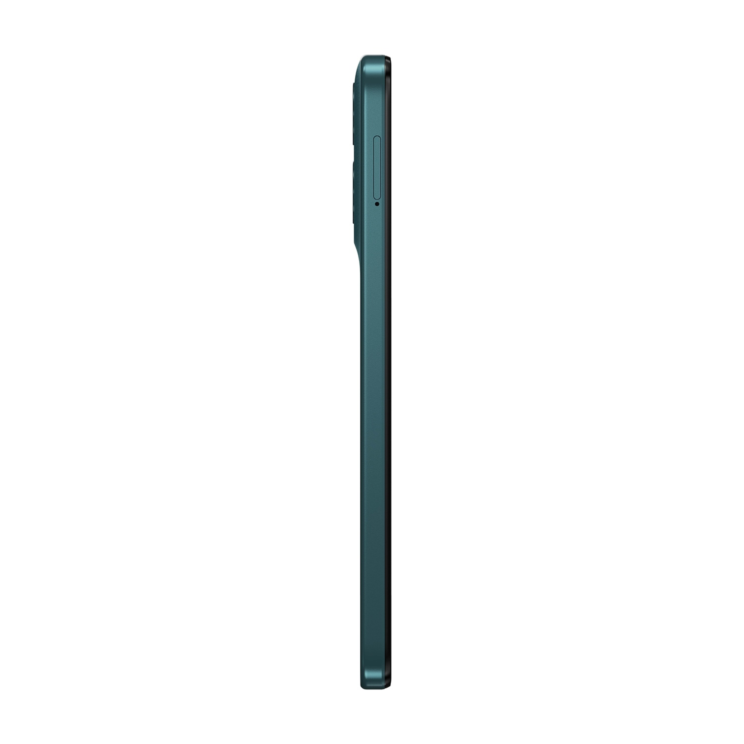 Smartphone verde scuro di profilo su sfondo bianco.