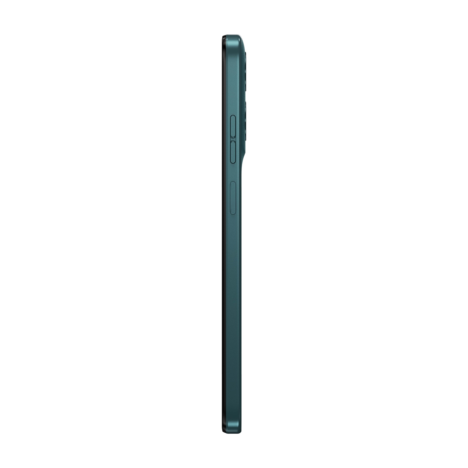 Uno smartphone verde acqua scuro di profilo su sfondo bianco.