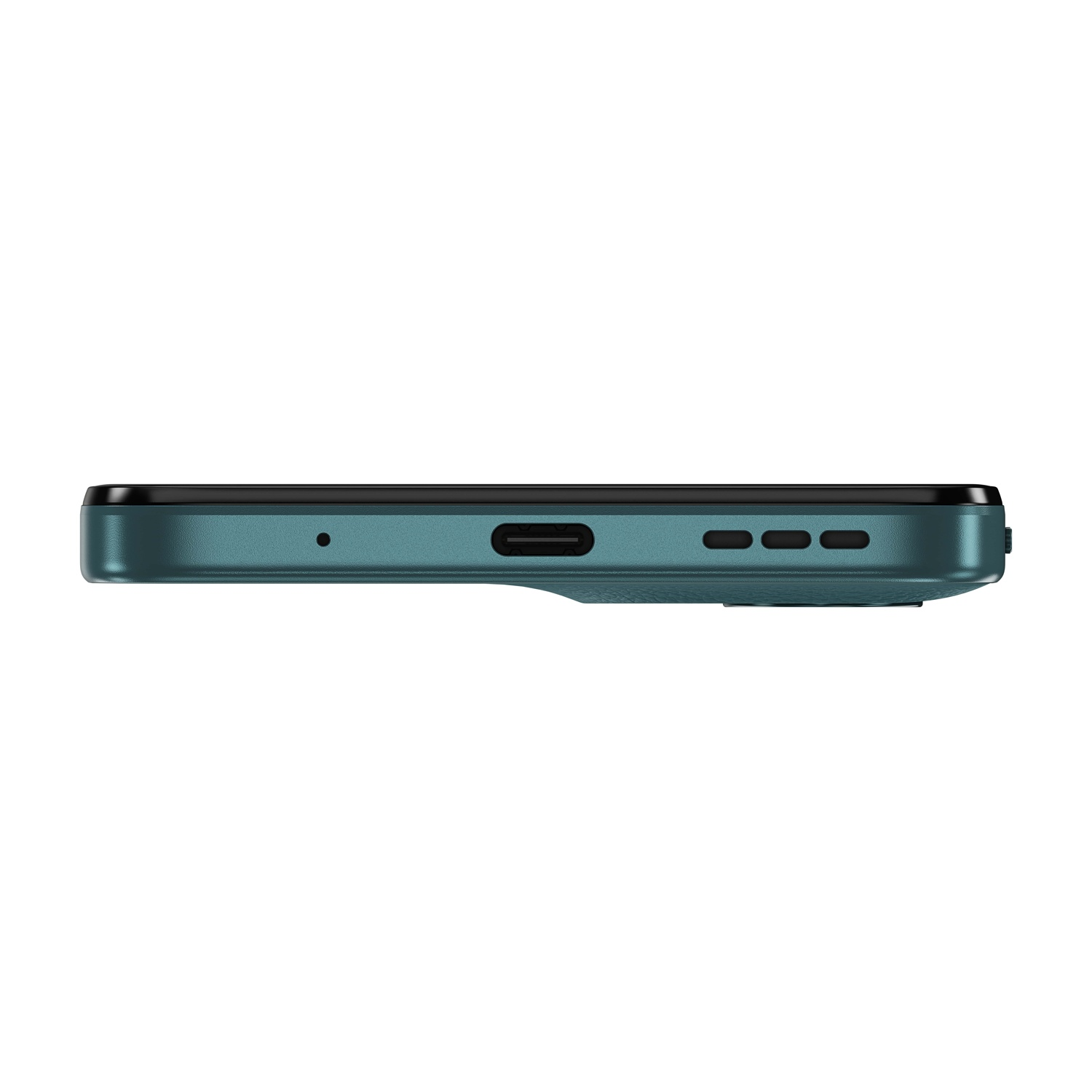 Bordo superiore di uno smartphone turchese, con porta di ricarica e griglie altoparlanti.