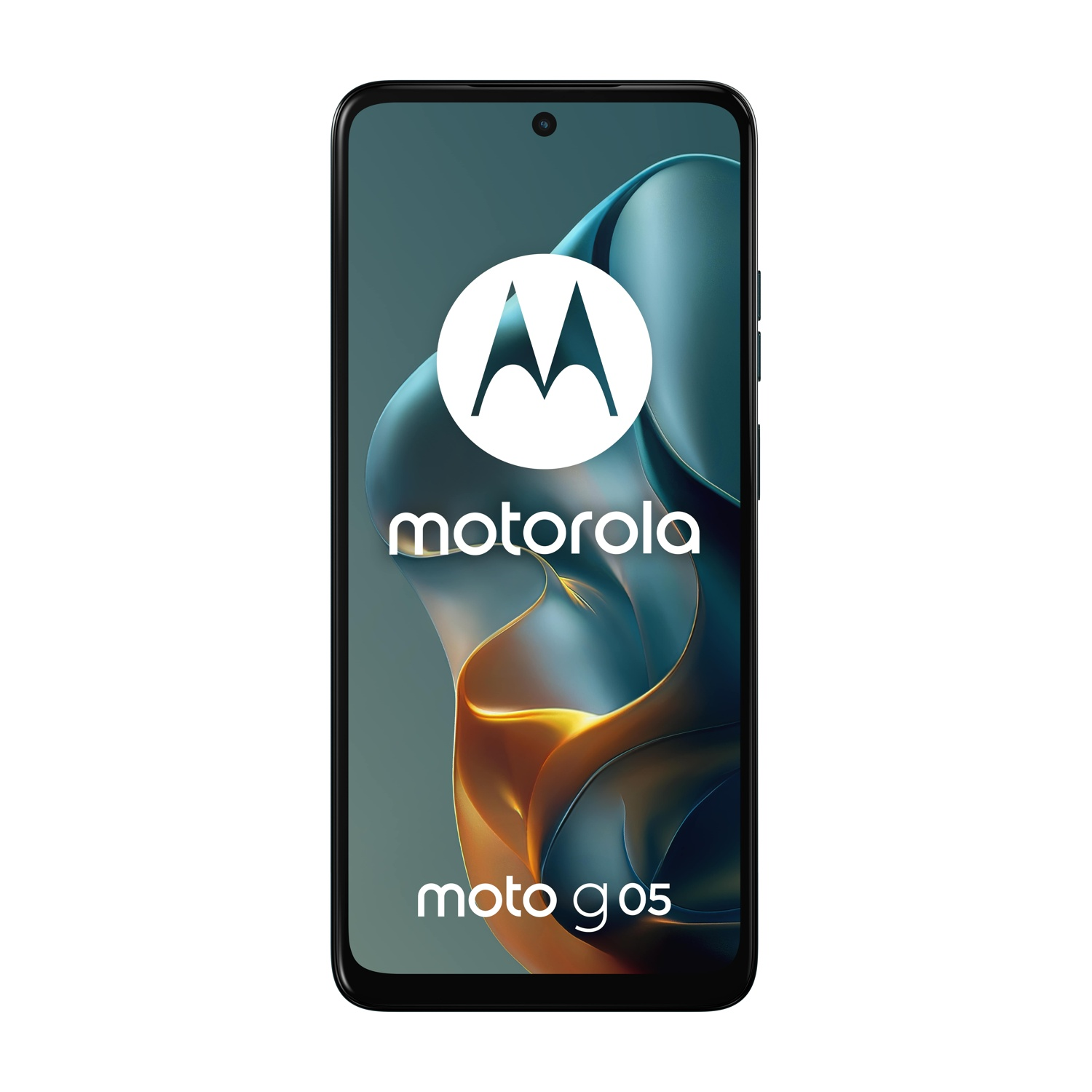 Smartphone Motorola Moto G05 con logo Motorola bianco su sfondo astratto verde acqua scuro.