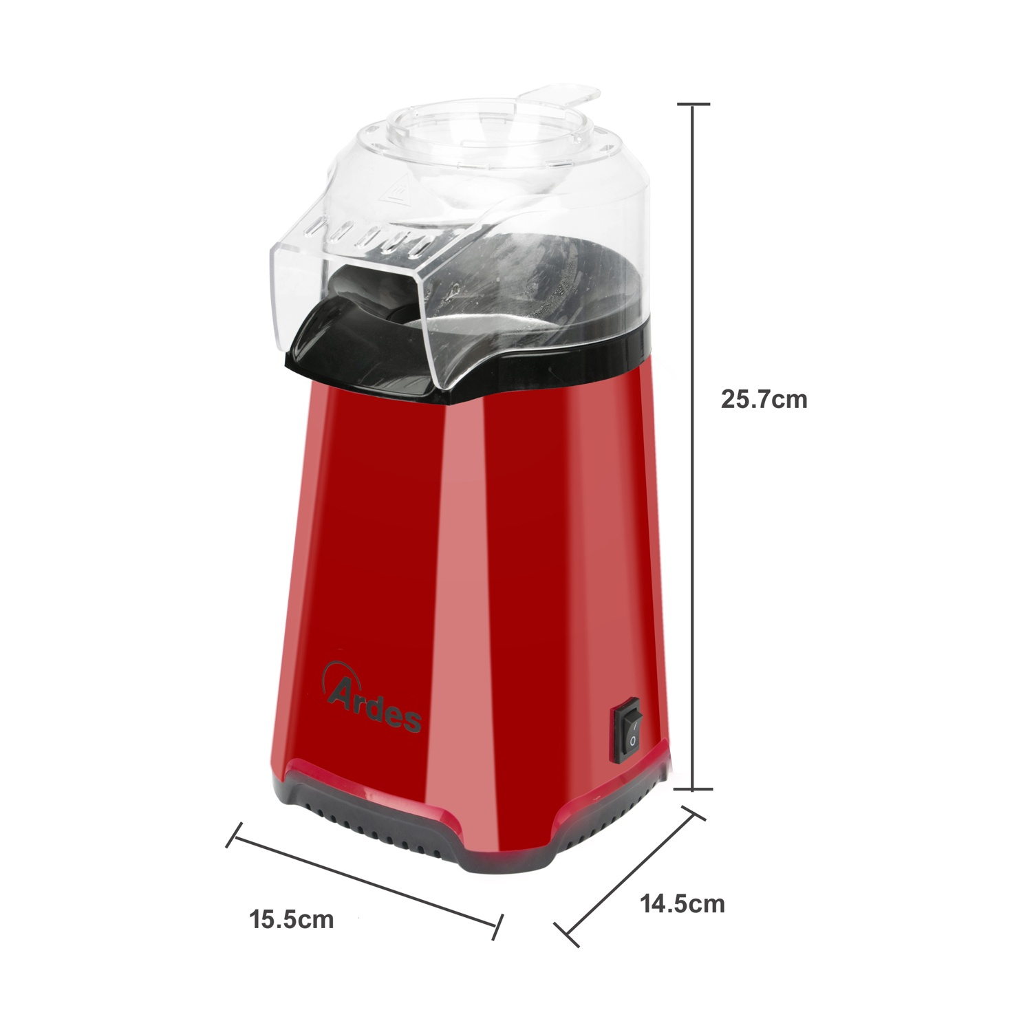 Macchina per popcorn rossa con coperchio trasparente, dimensioni 25,7x14,5x15,5cm.