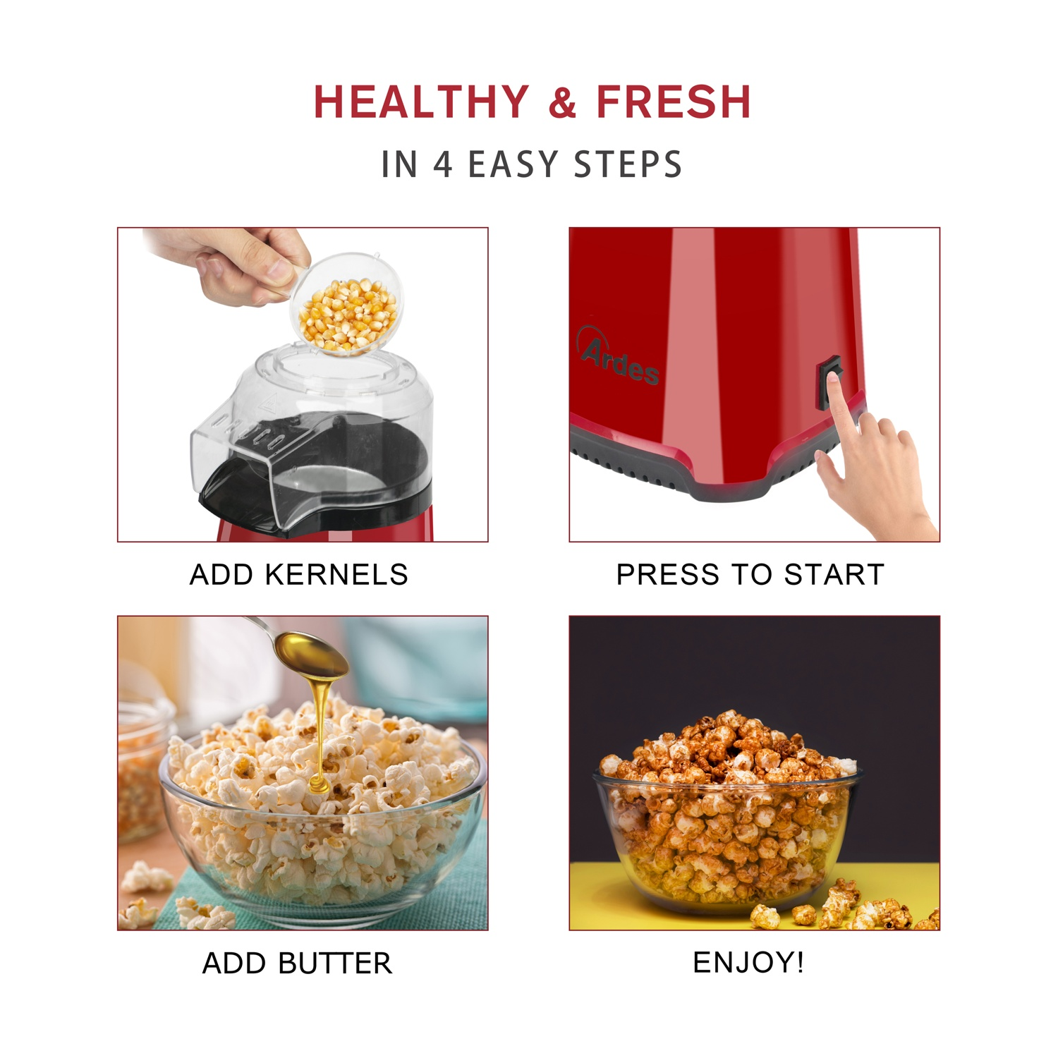 Passaggi per fare i popcorn: aggiungere chicchi, premere avvio, aggiungere burro, gustare.