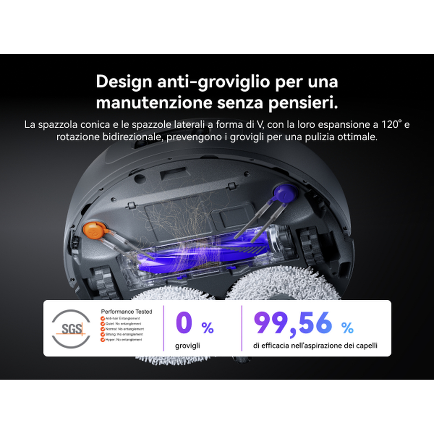 Robot aspirapolvere con spazzole a V, 0% grovigli, 99,56% efficacia aspirazione capelli.