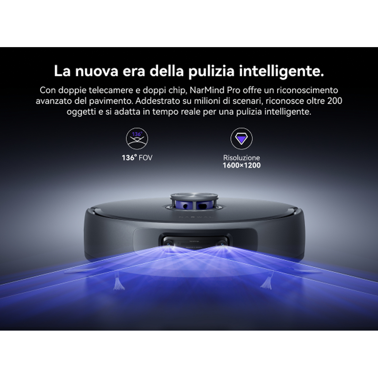 Un robot aspirapolvere grigio con luci blu che scansiona il pavimento.