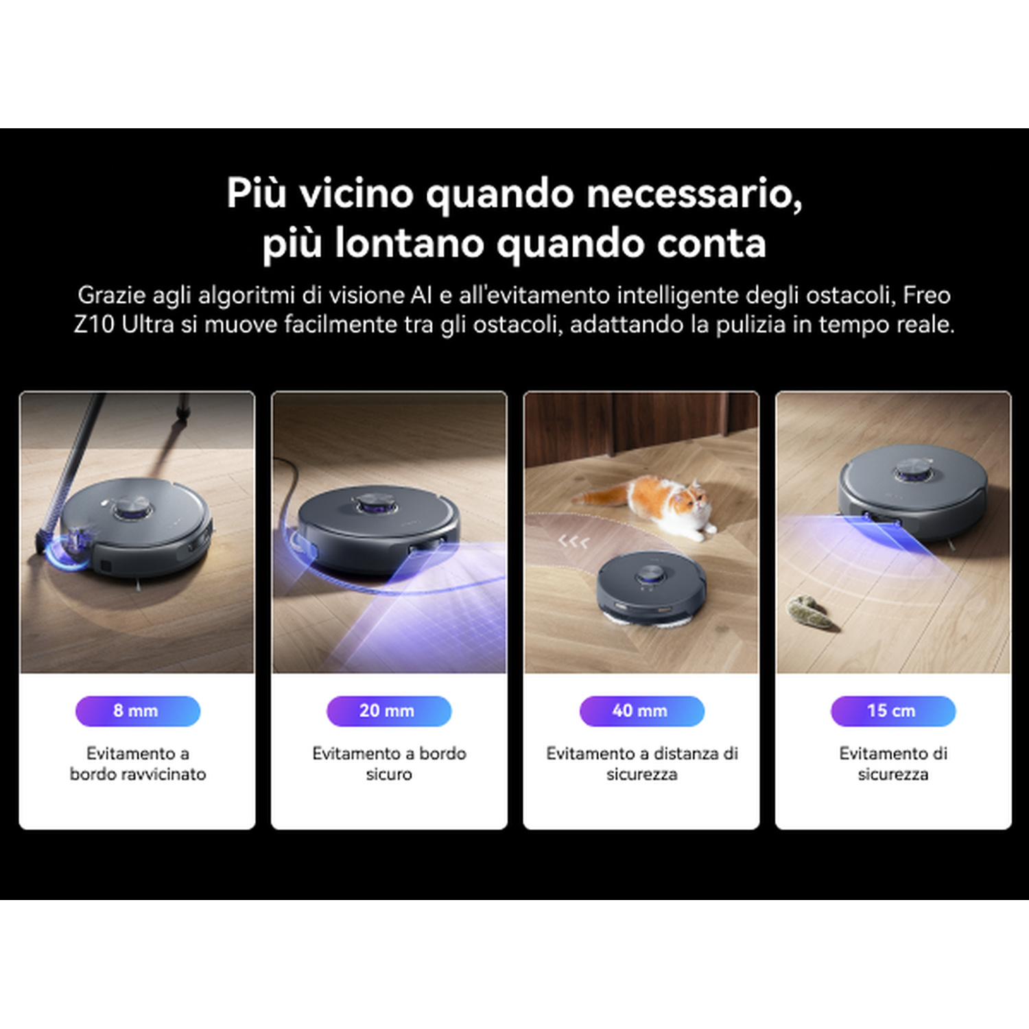 Un robot aspirapolvere naviga attorno agli ostacoli a varie distanze.