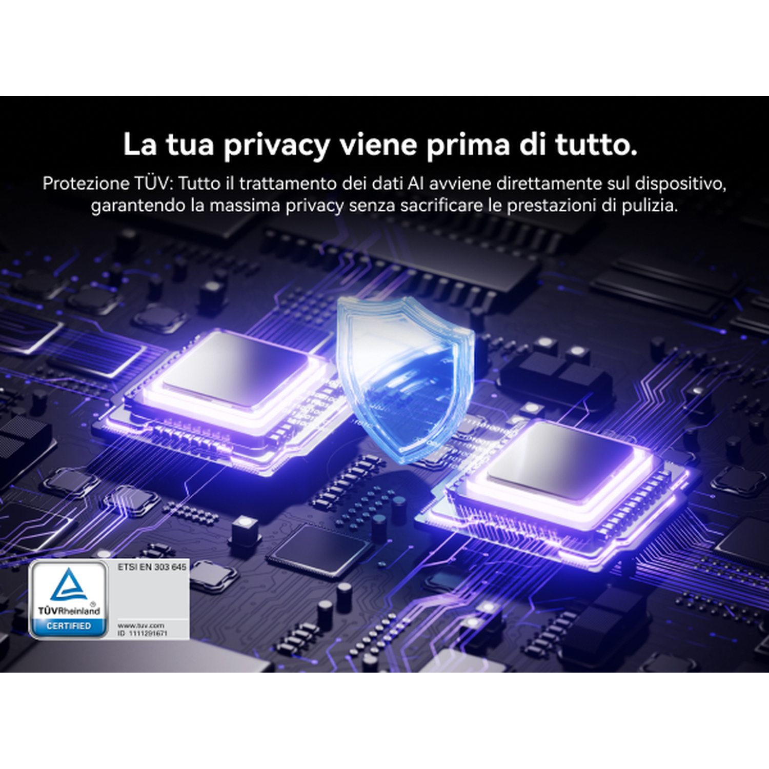 Scheda di circuito elettronico con processori luminosi e icona di scudo.