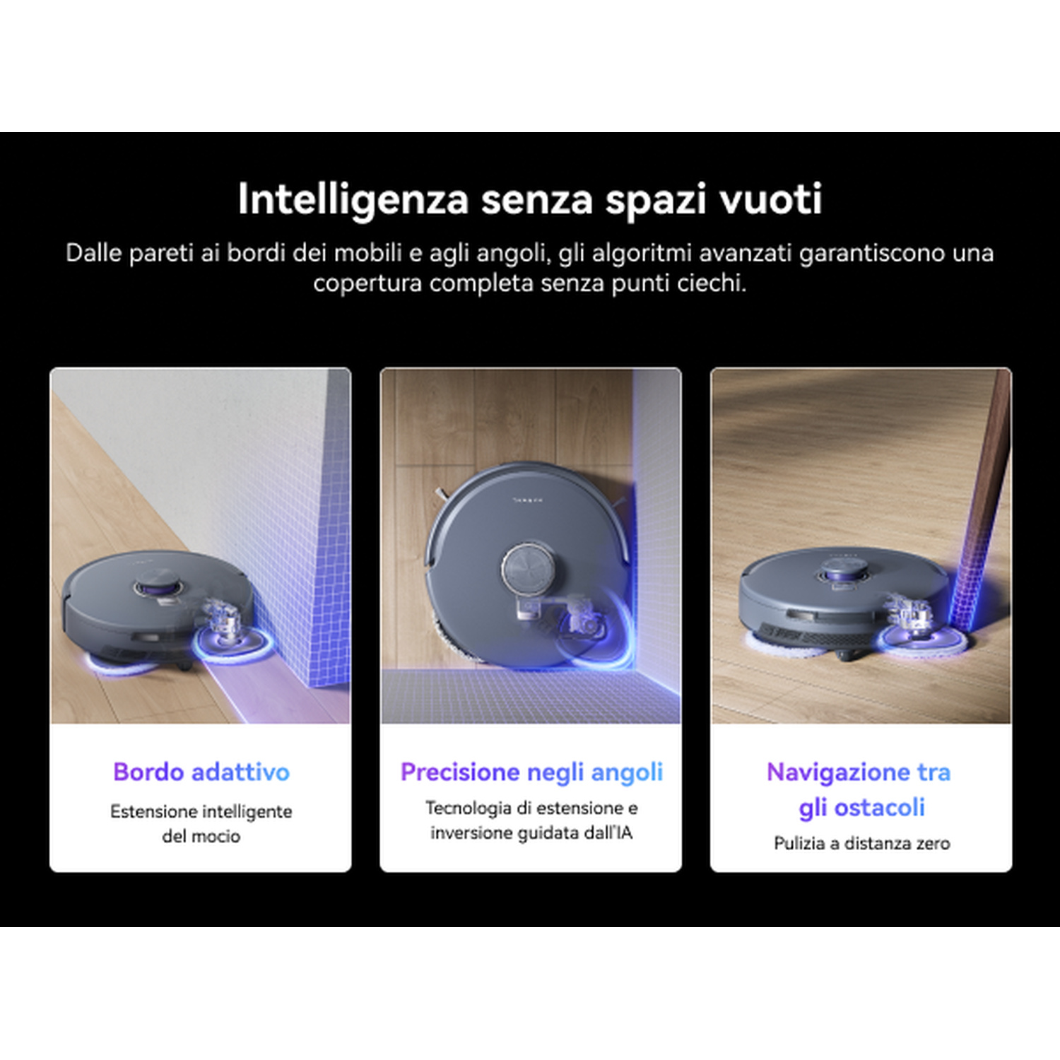 Un robot aspirapolvere pulisce bordi e angoli, con navigazione guidata IA.