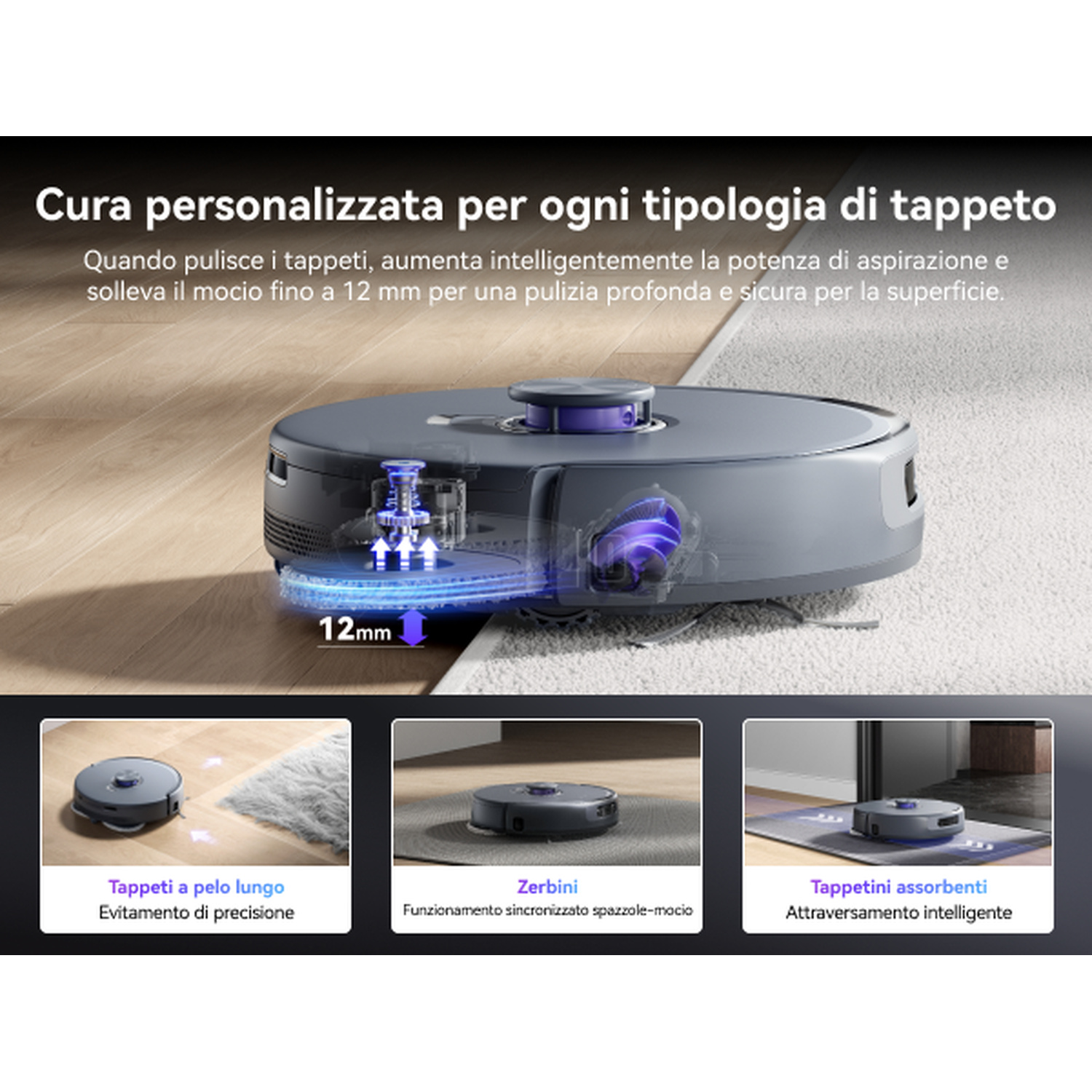 Robot aspirapolvere pulisce tappeti, solleva mocio 12mm.