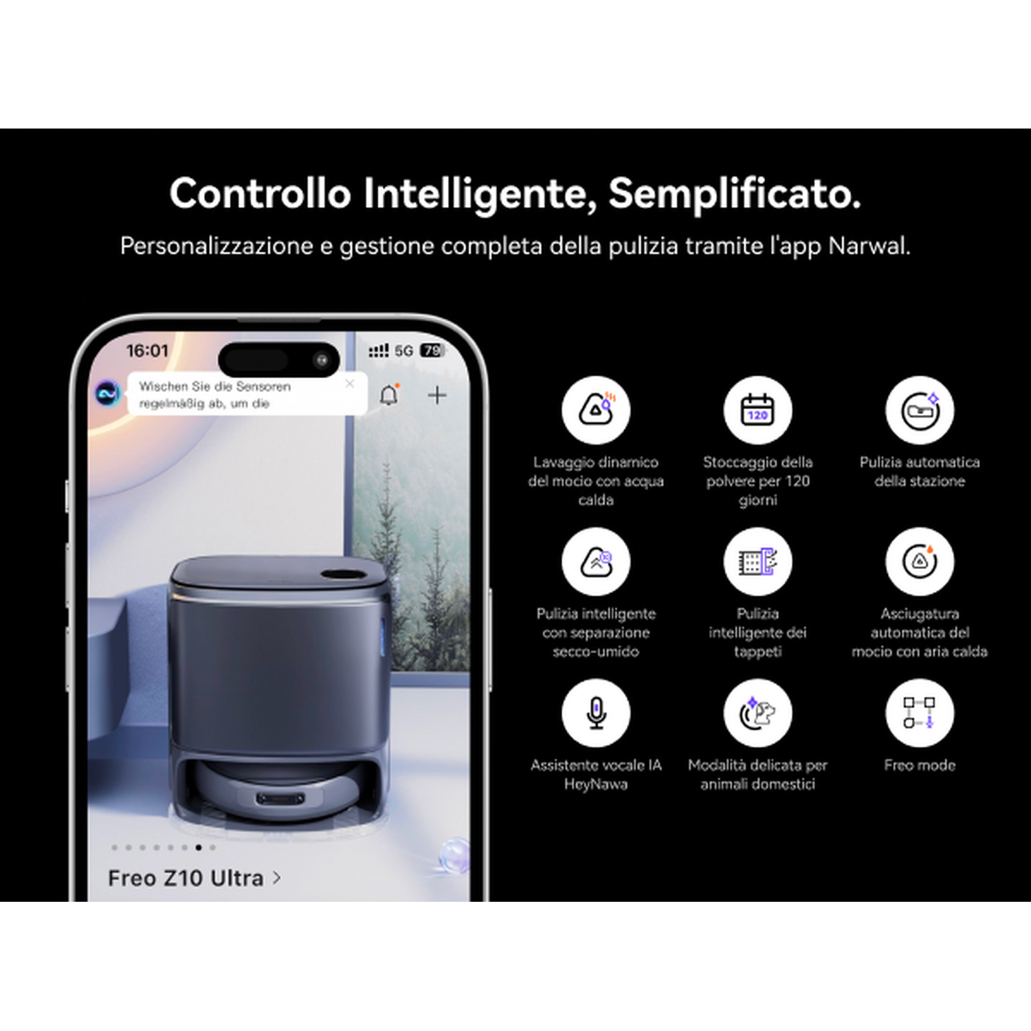 Un robot aspirapolvere con base di ricarica visualizzato su uno smartphone.
