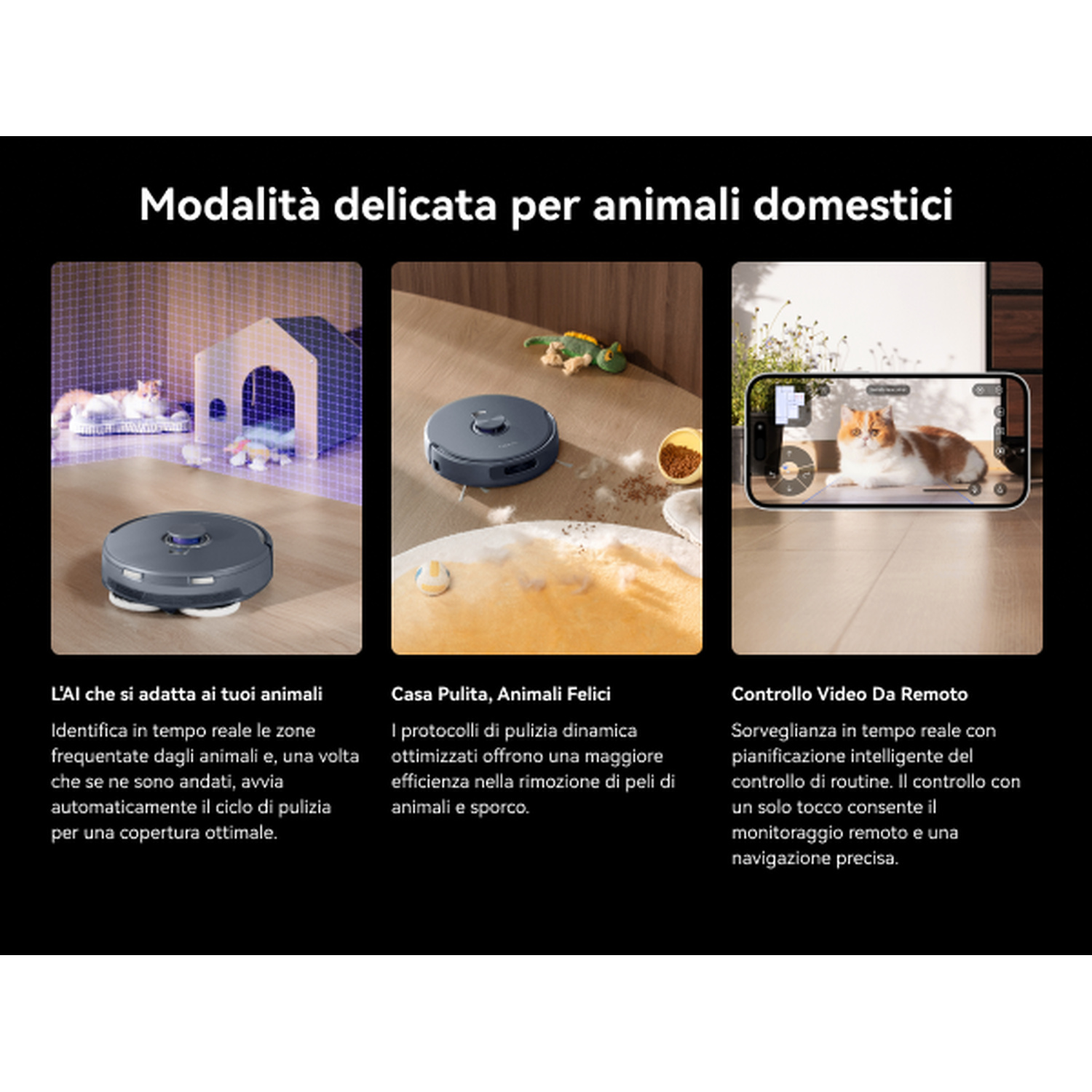 Un robot aspirapolvere pulisce un tappeto mentre un gatto riposa in una casetta.