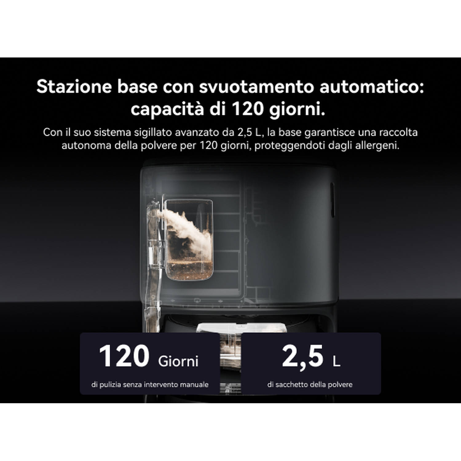 Stazione svuota-automatico 2,5 L per 120 giorni di raccolta polvere.