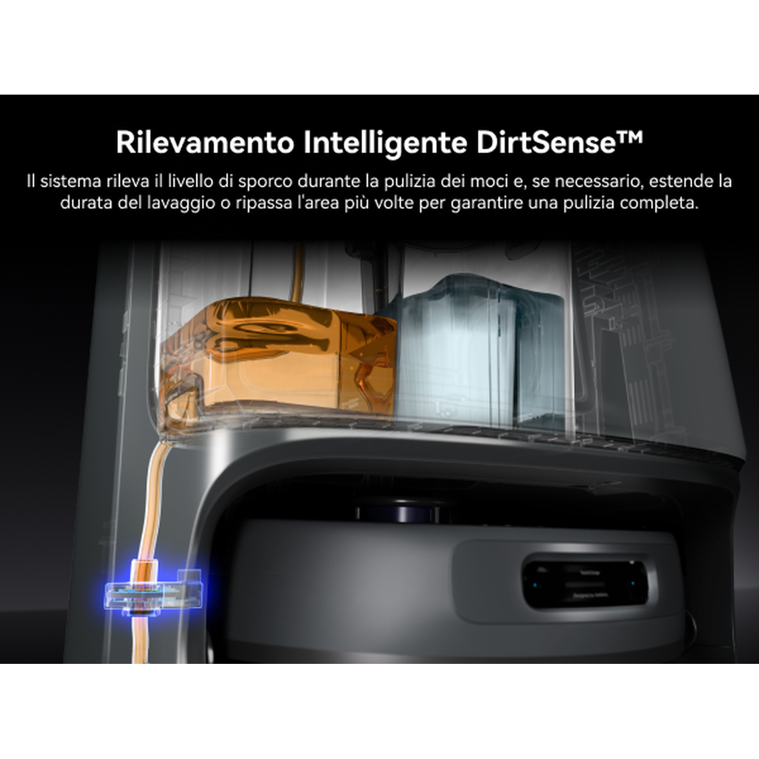 Primo piano del serbatoio di un robot aspirapolvere con liquido e luci, che mostra il rilevamento intelligente.