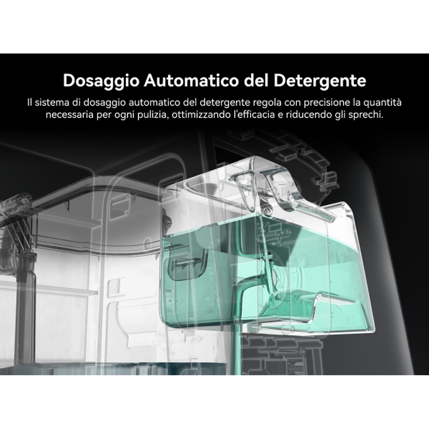 Un contenitore trasparente con liquido verde, parte di un sistema di dosaggio.