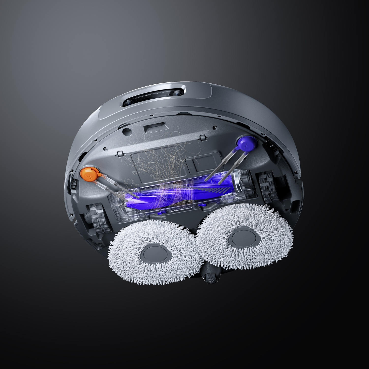 Un robot aspirapolvere con mop rotanti e spazzole su sfondo scuro.