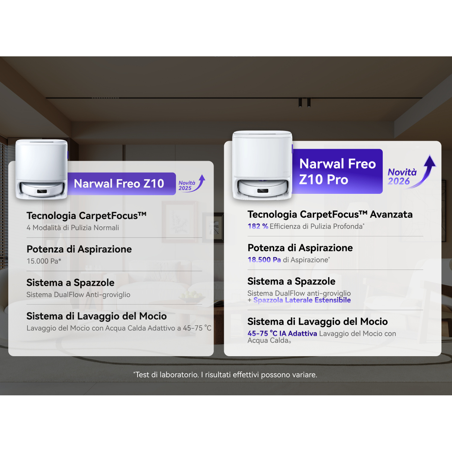 Due robot aspirapolvere Narwal Freo a confronto: Z10 e Z10 Pro con funzioni diverse.