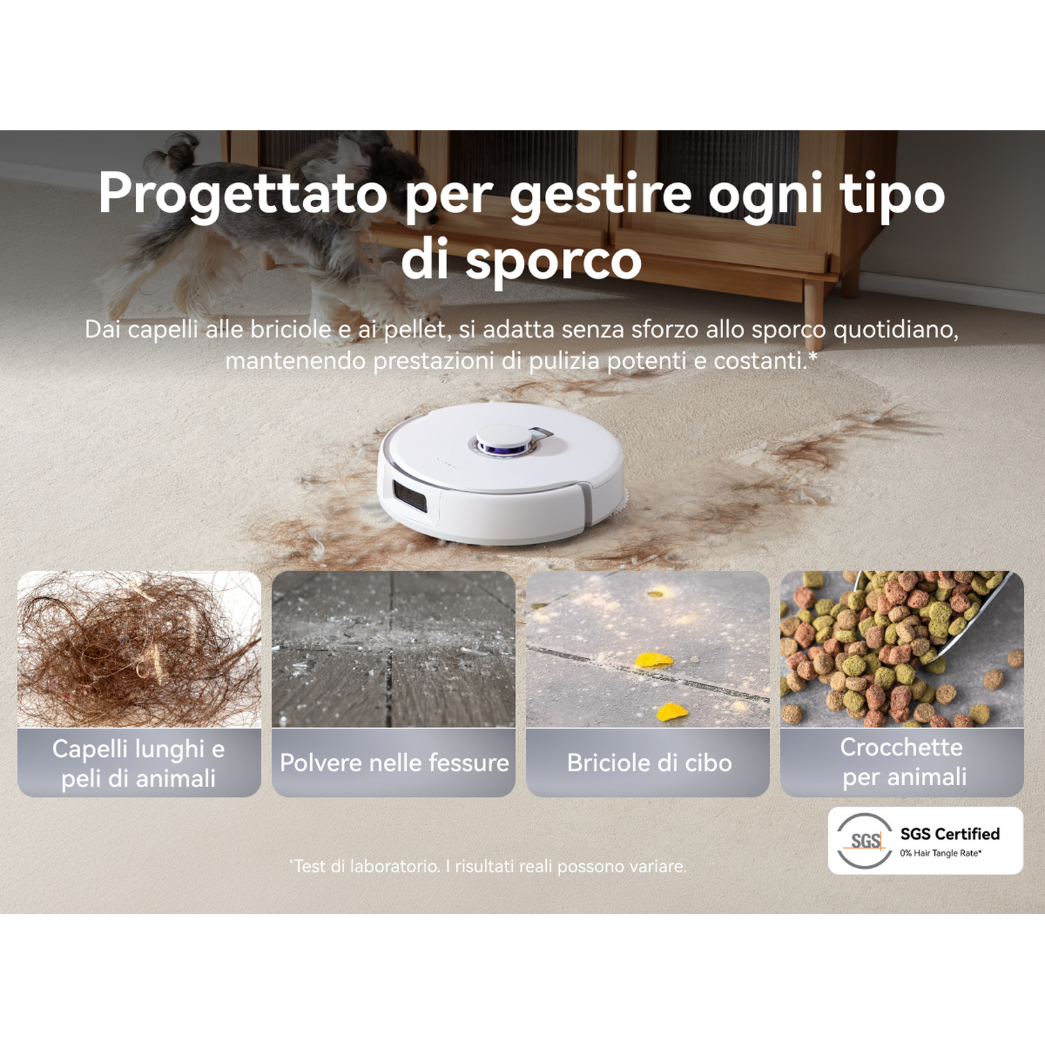 Robot aspirapolvere bianco pulisce tappeto con peli, polvere, briciole, crocchette.