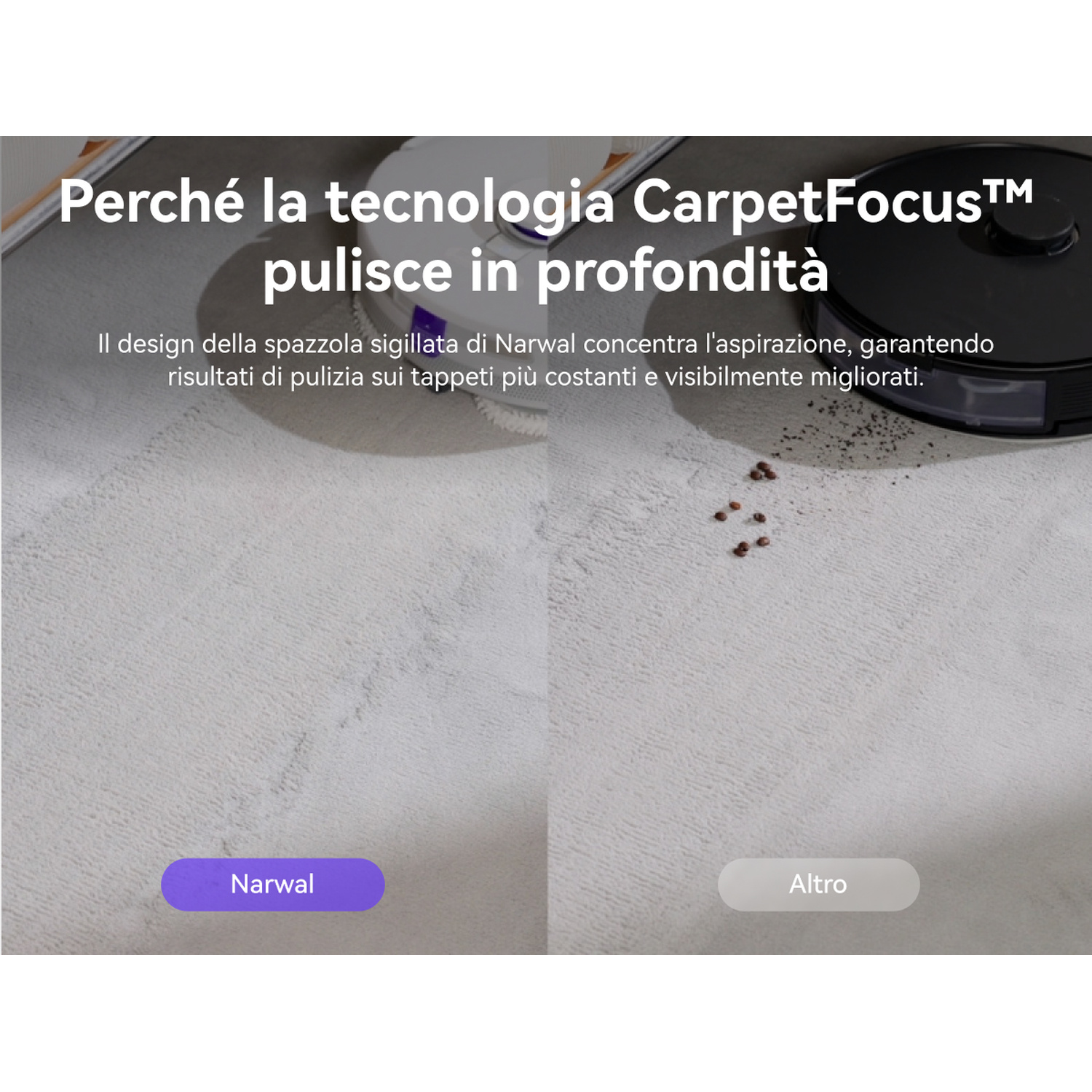 Un robot aspirapolvere pulisce un tappeto, con testo a sinistra.