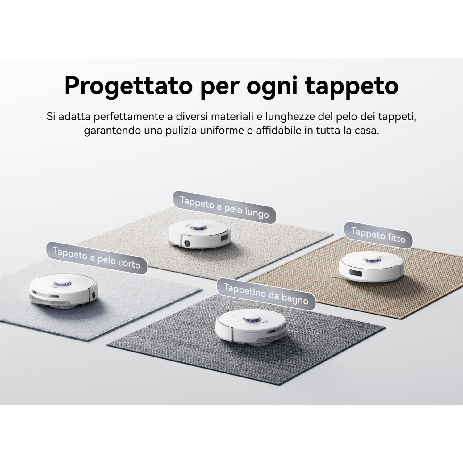 Un robot aspirapolvere bianco su quattro diversi tipi di tappeti: a pelo corto, lungo, fitto, bagno.