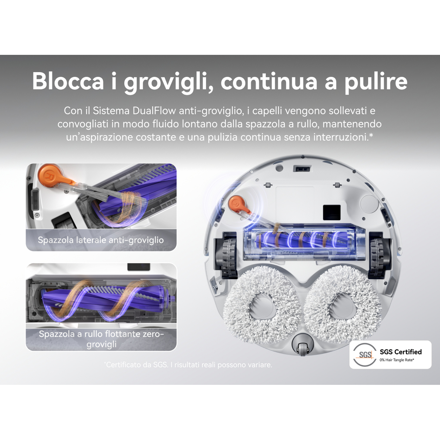 Aspirapolvere robot con spazzola laterale e spazzola principale anti-groviglio.