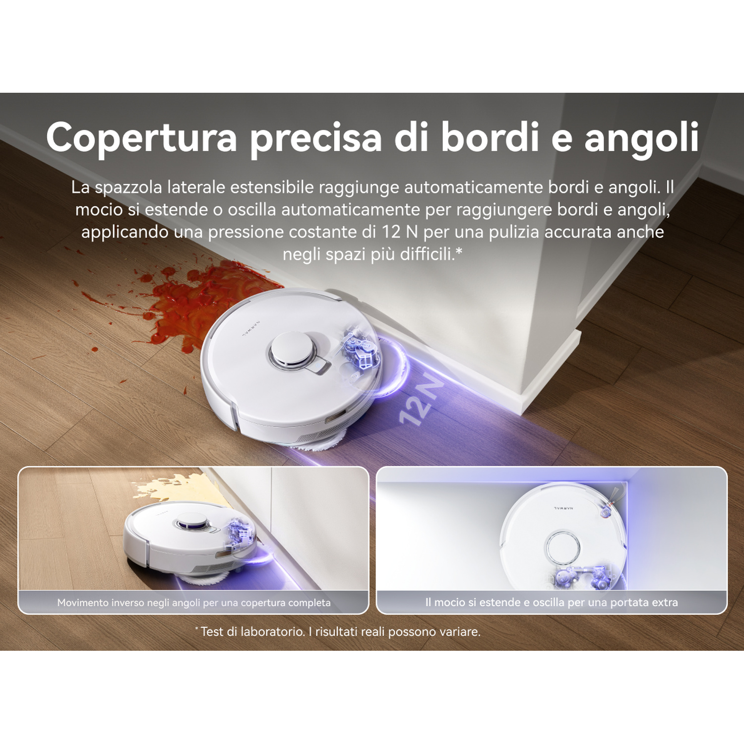 Un robot aspirapolvere bianco pulisce un pavimento in legno con liquido rosso.