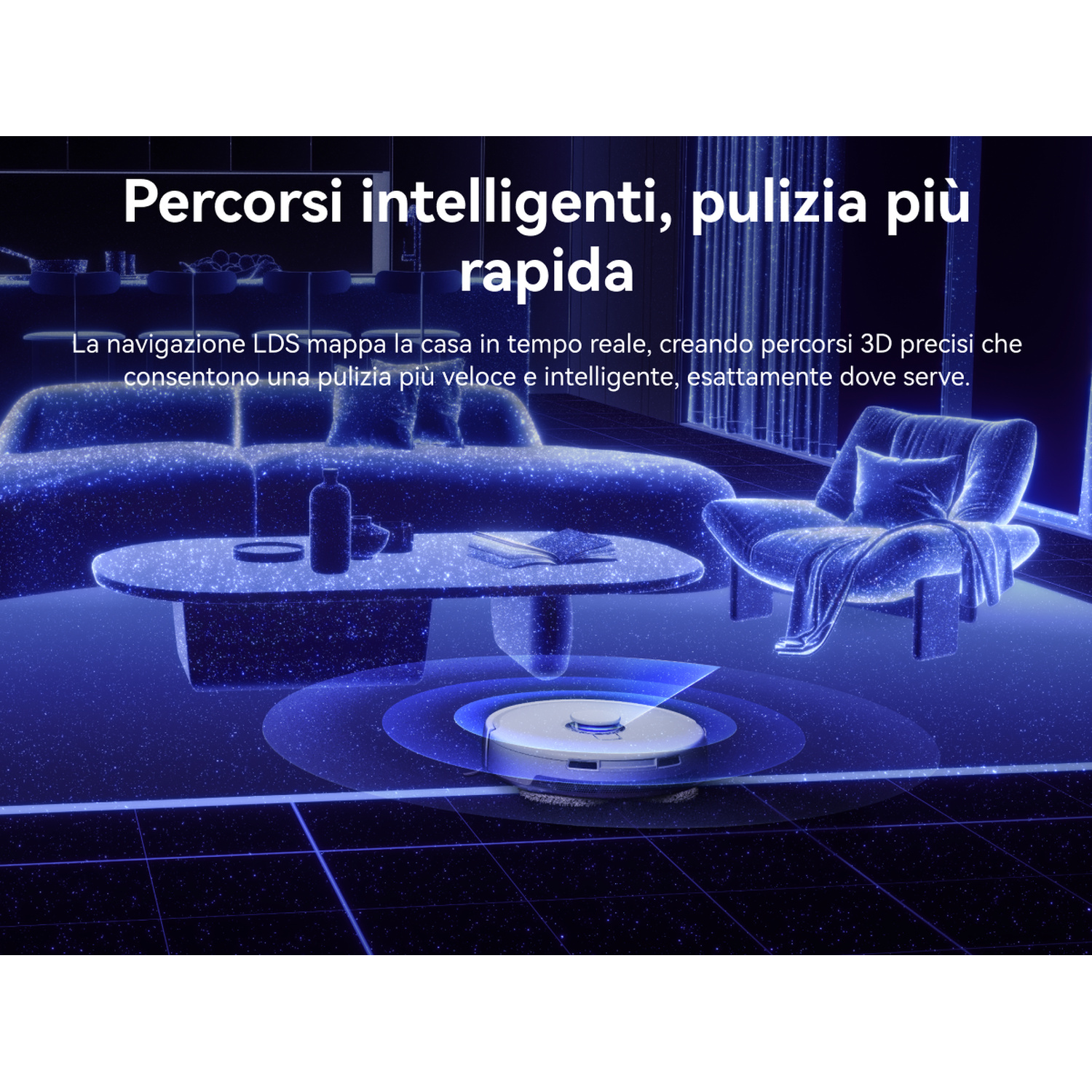 Un robot aspirapolvere pulisce un soggiorno elegante, illuminato di blu, con divano e poltrona.