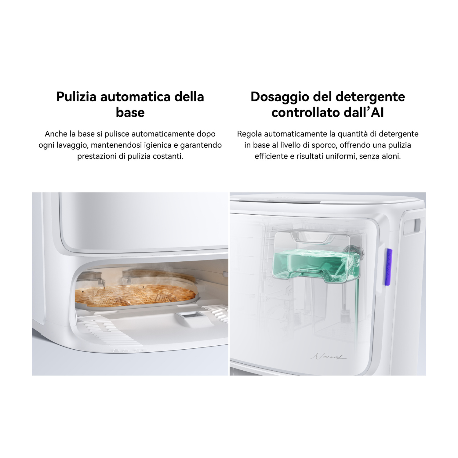 Lavatrice bianca in due viste: pulizia e dispenser del detersivo.