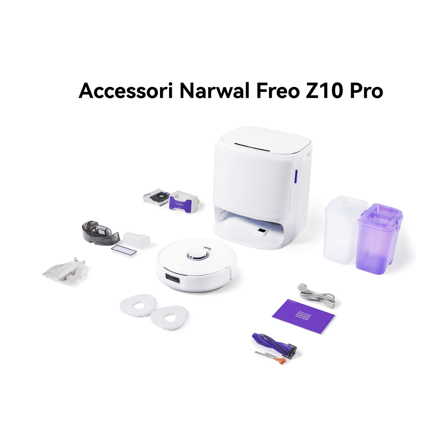 Accessori Narwal Freo Z10 Pro: robot aspirapolvere bianco, base di ricarica, spazzole, panni, cavi.