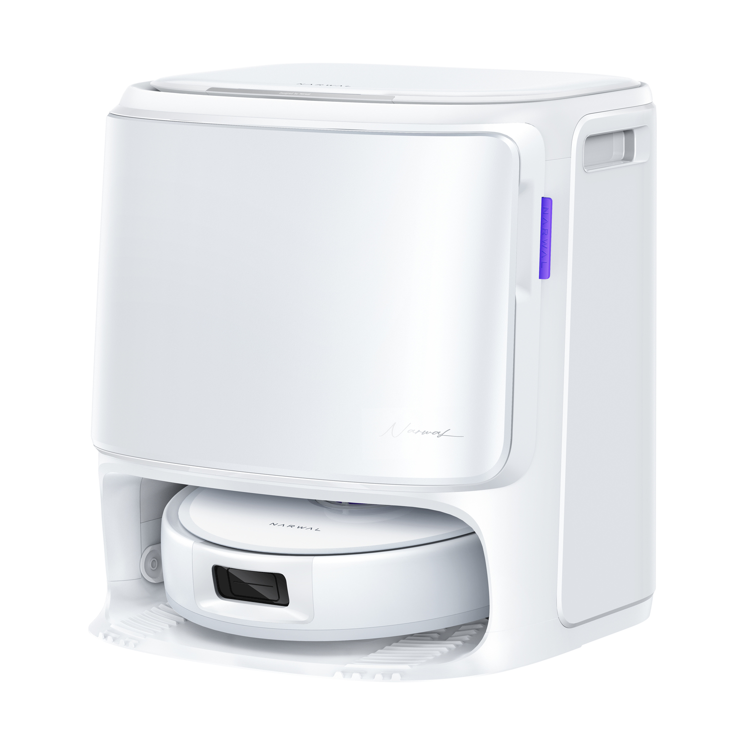 Una base bianca per robot aspirapolvere con un robot aspirapolvere bianco attraccato. È visibile una maniglia viola.