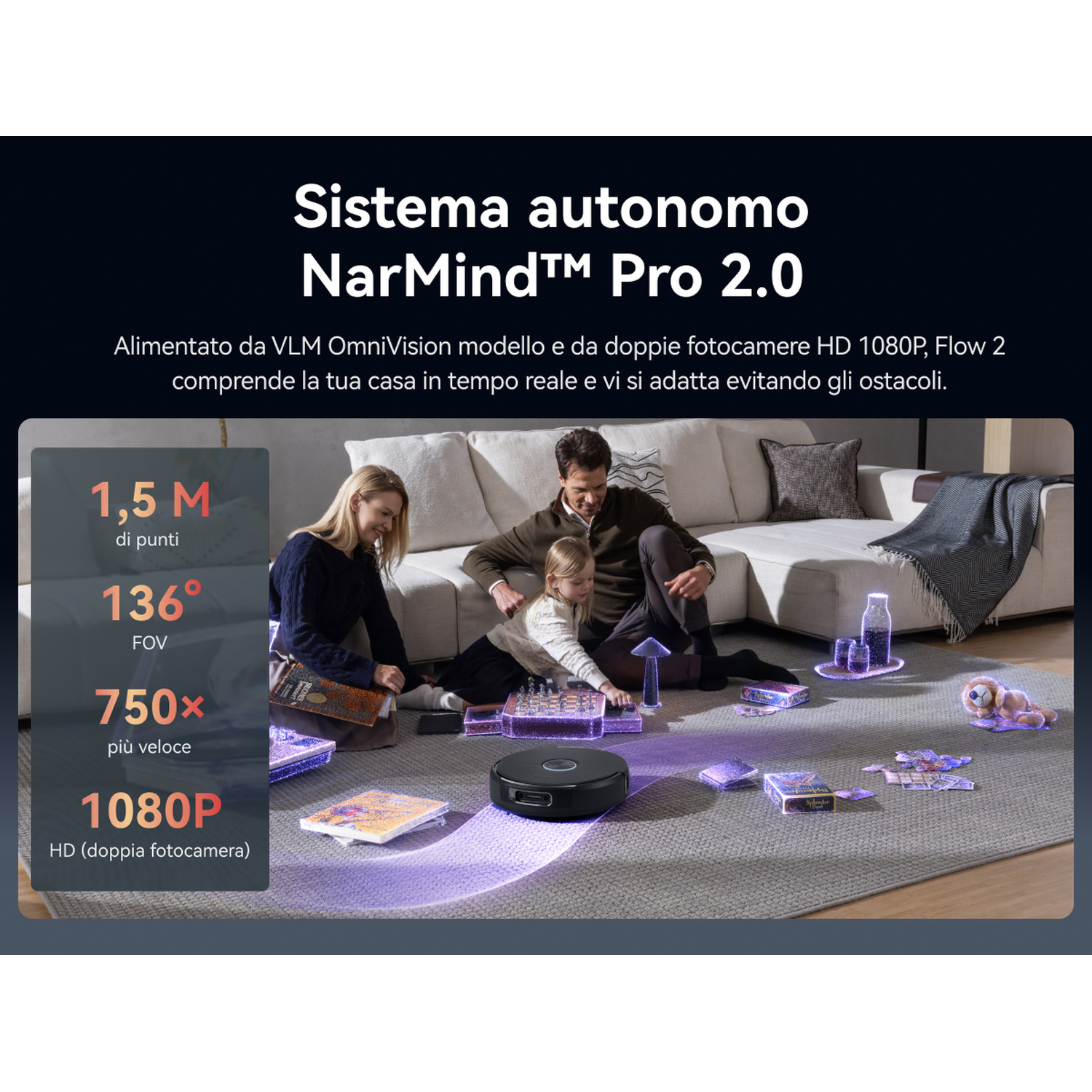 Un robot naviga in un soggiorno mentre una famiglia gioca.