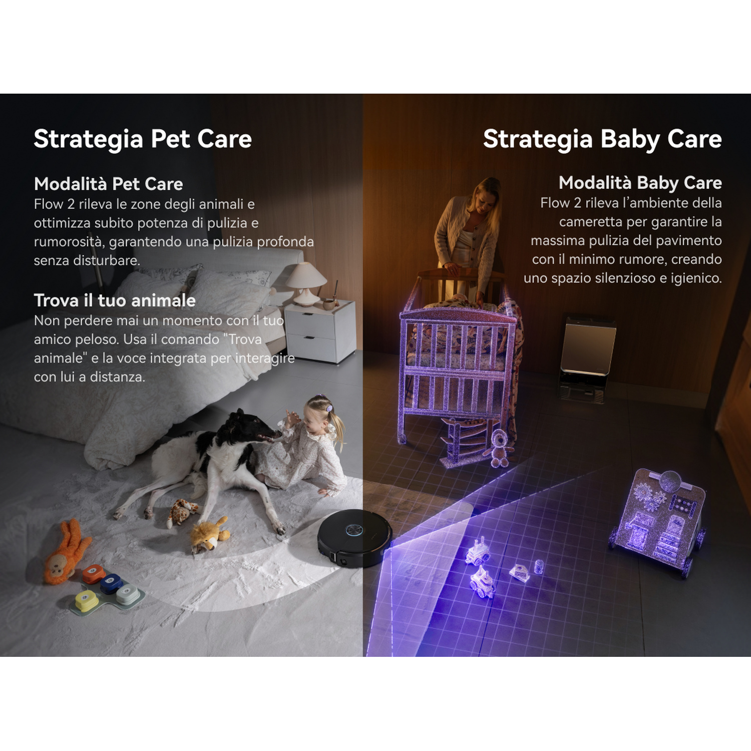 Un robot aspirapolvere in una camera da letto con cane e bambino, e in un asilo nido.