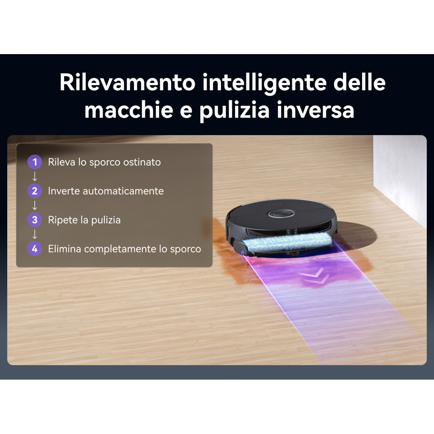 Un robot aspirapolvere pulisce macchie su un pavimento in legno. Il testo spiega il processo.