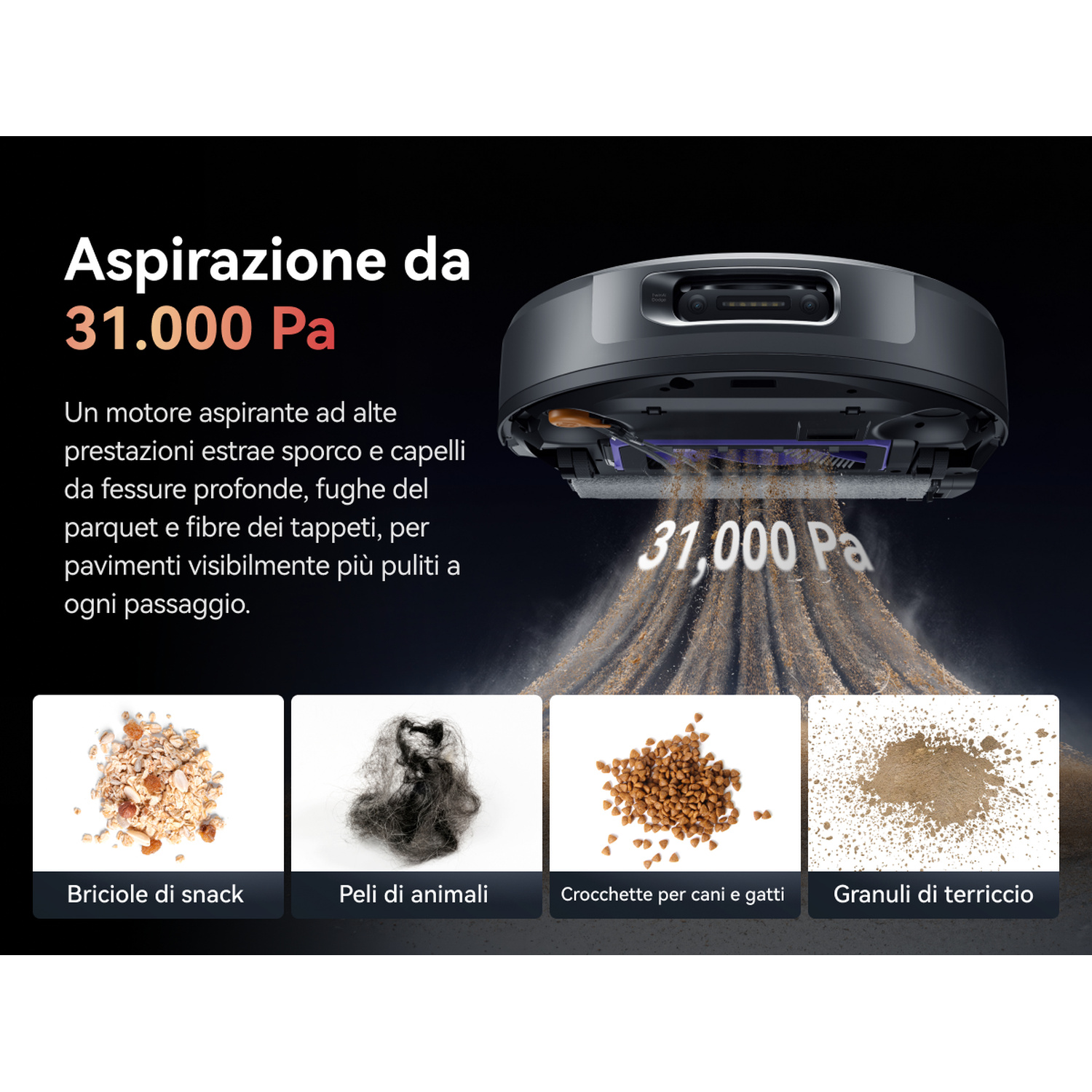 Un robot aspirapolvere aspira briciole, peli, crocchette e terra.